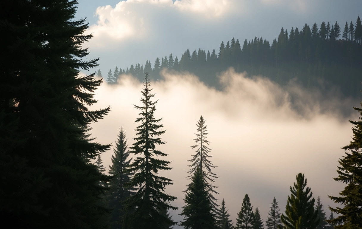 Klidná lesní scéna s mlhou